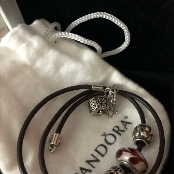 Perfect to Gift Box Included Pandora Leather Cord Nevklace with 4 charms - Picture 10 of 11
